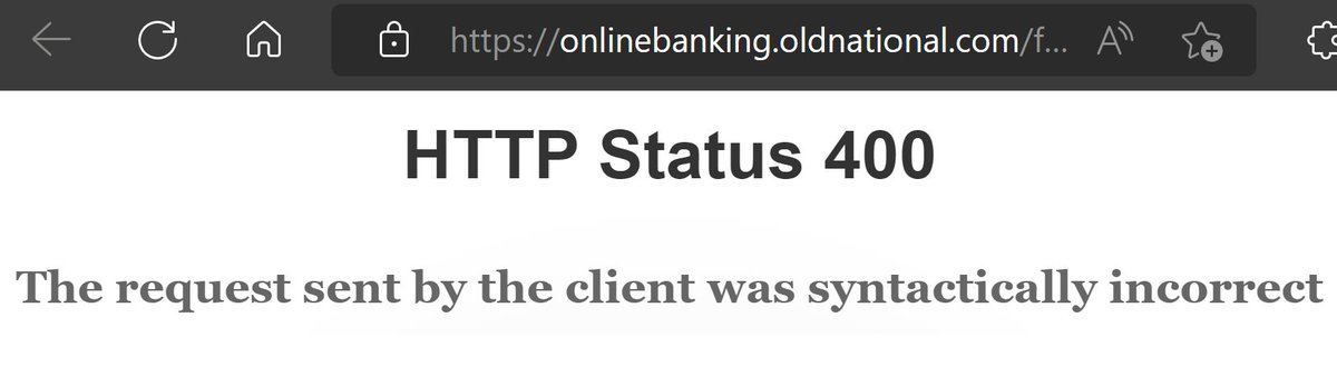 JamesPragit's tweet photo. Old National Bank bought out First Midwest Bank and virtually nothing is working: can't login, can't reset password, can't request username, 400 server errors and if you try to call them, the wait is more than 60 minutes and they don't offer to call you back. #PoorUX https://t.co/EqgRvTzrq7