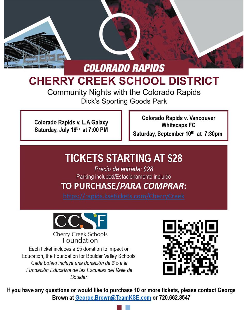 Cheer on the <a href="/ColoradoRapids/">Colorado Rapids</a> this Saturday, July 16 against the L.A. Galaxy! 🙌 ⚽️

For every discounted ticket purchased, YOU will be helping provide students with educational opportunities, supplies and more! 

TICKETS: rapids.ksetickets.com/CherryCreek

#CCSDK12 #Rapids96