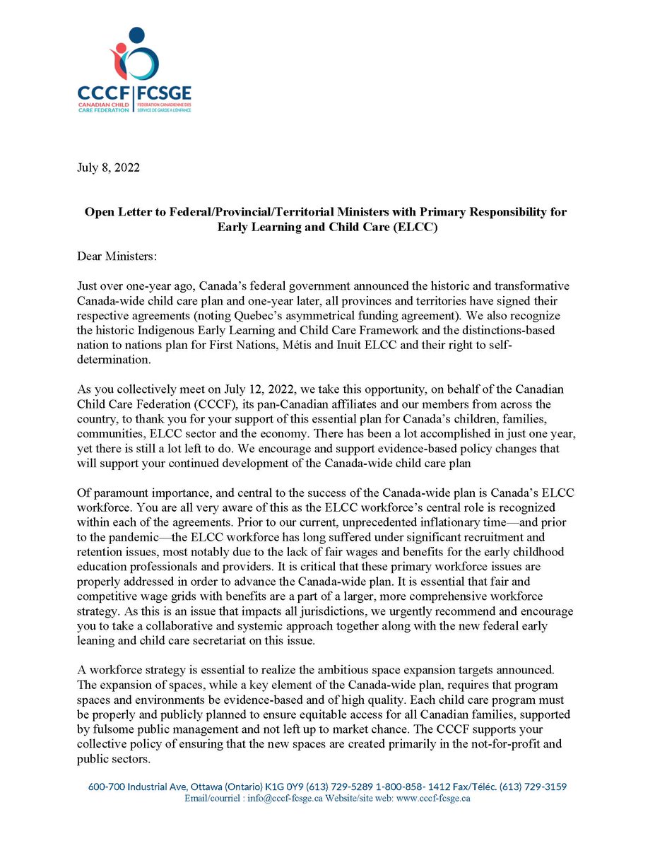 CCCF_FCSGE's tweet photo. Please read CCCF's Open Letter to the Federal/Provincial/Territorial Ministers with Primary Responsibility for Early Learning and Child Care (ELCC) #cdnchildcare https://t.co/XzOCWrhBXl