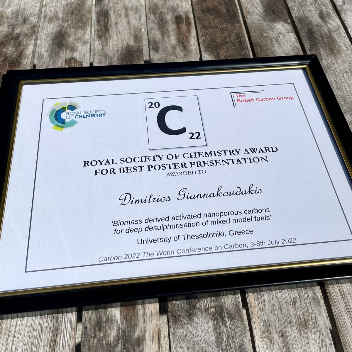 DaGchem's tweet photo. Dr. Dimitrios Giannakoudakis received the Royal Society of Chemistry AWARD for the best poster presentation for the work “Biomass-derived activated carbons for the desulfurization of model fuels” at Carbon 2022 world conference, London. #carbon2022 https://t.co/1LuWu2hULw