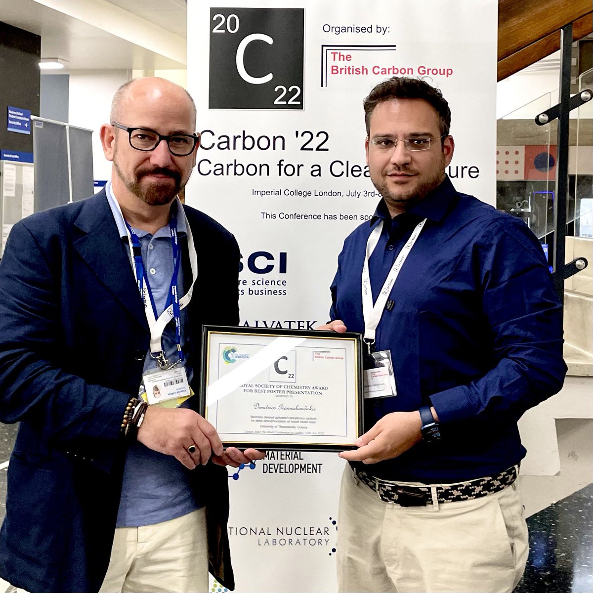DaGchem's tweet photo. Dr. Dimitrios Giannakoudakis received the Royal Society of Chemistry AWARD for the best poster presentation for the work “Biomass-derived activated carbons for the desulfurization of model fuels” at Carbon 2022 world conference, London. #carbon2022 https://t.co/1LuWu2hULw
