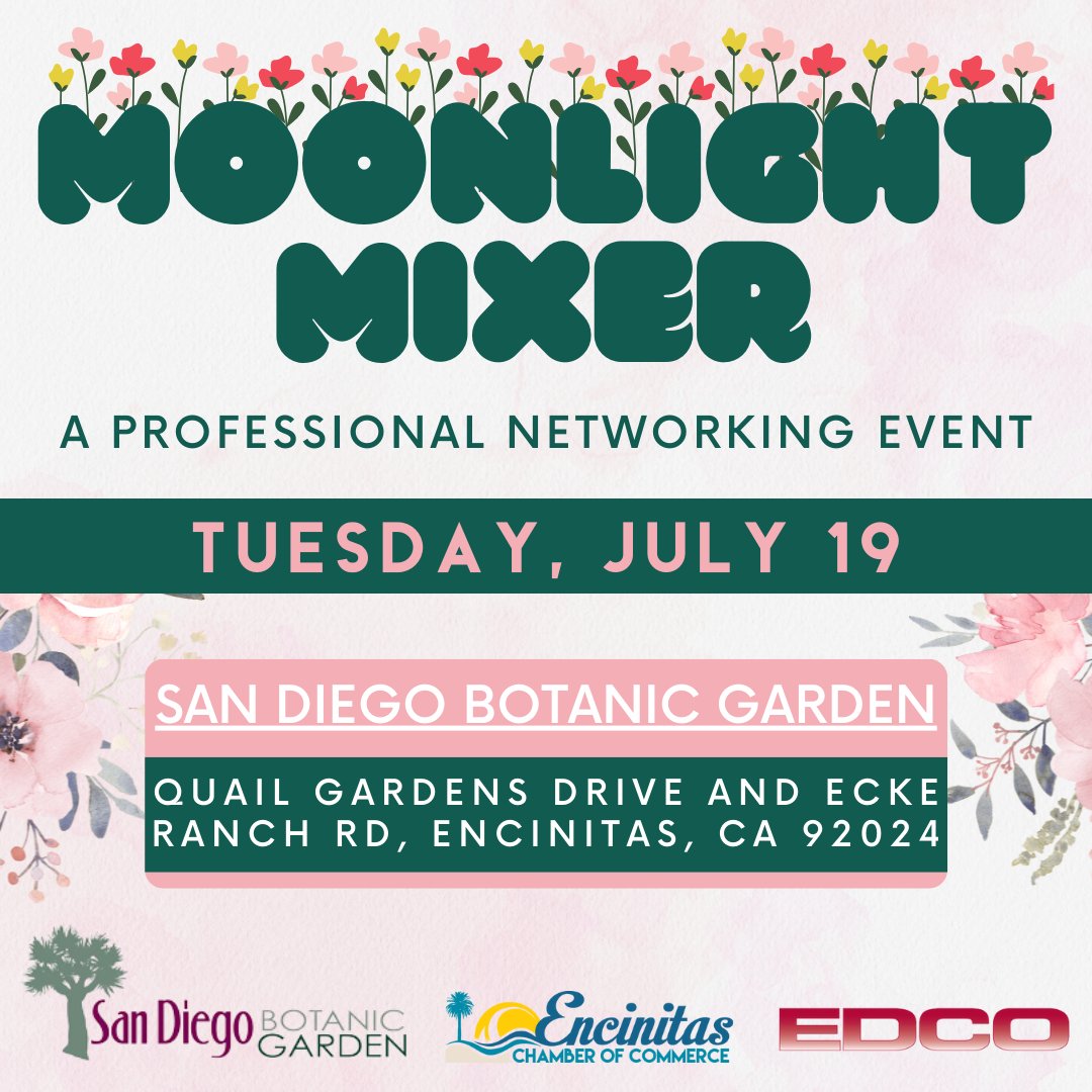Next week come see what’s in bloom and enjoy an evening of networking at the San Diego Botanic Garden. Join us on Tuesday, July 19 from 5:30 – 7:30 PM in the Walled Garden - food donated by EDCO, music by Bach to Rock.

Register now under "Membership Benefits" on our website!