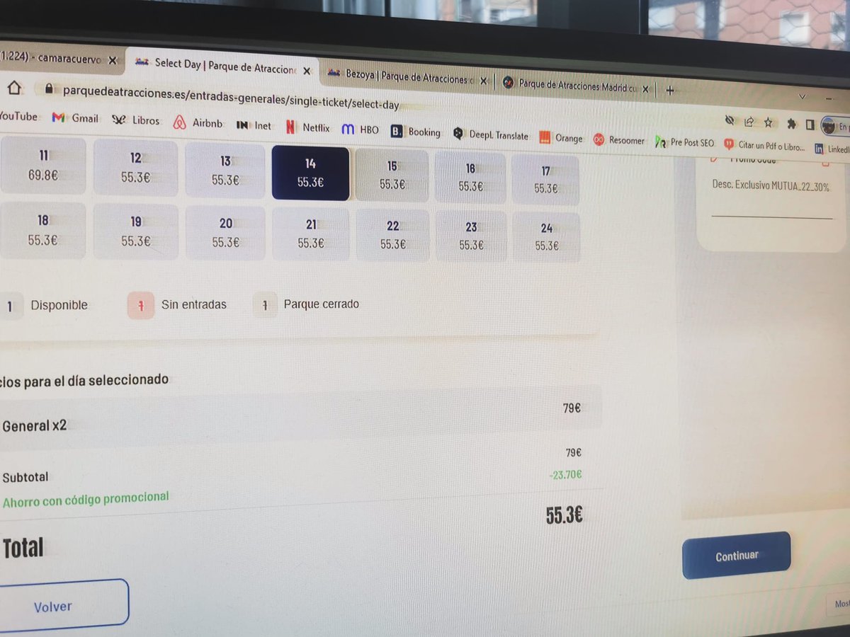elwhusuka's tweet photo. Y al poner el código promocional de @la_Mutua @Mutua_responde el precio sea de 79 € (y con el código promocional se quede en 55,3 €), siendo el mismo dia? @patraccionesmad https://t.co/qXhS0S5zEh