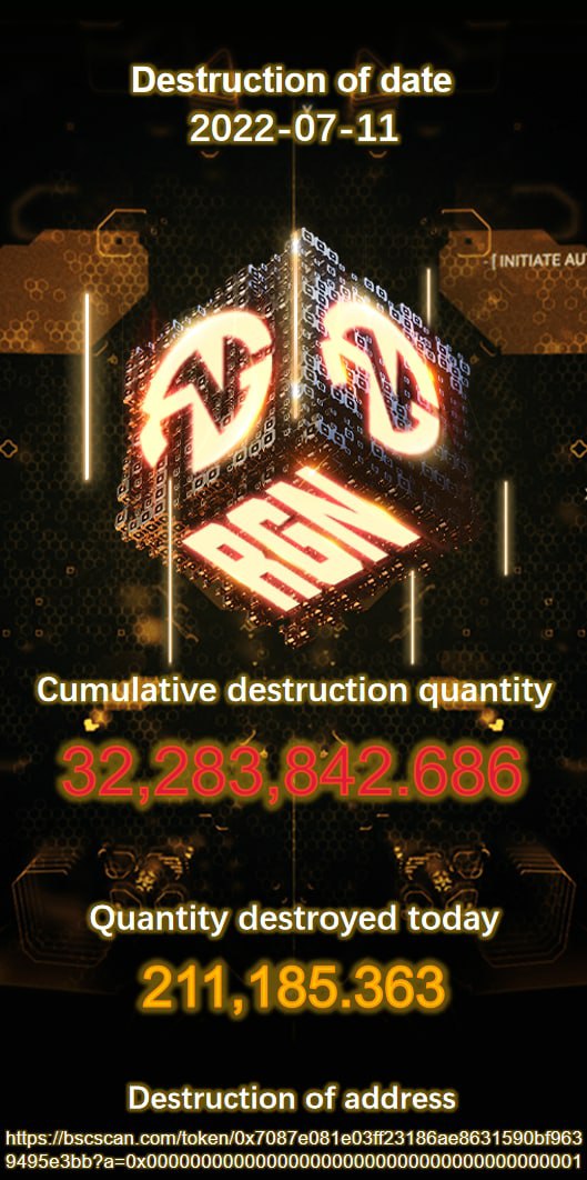 🔥 #RadiantGlory Token (RGN) Destruction Update 🔥

🔸 Date: 07-11-2022
🔸 Quantity destroyed today: 211,185.363
🔸 Cumulative destruction quantity: 32,283,842.686

📍 $RGN destruction address: bscscan.com/token/0x7087e0…