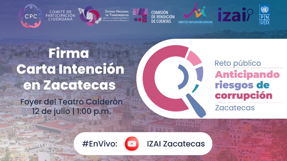 Mediante la coordinación del <a href="/Izai_Zac/">IZAI</a>, se emite la invitación a la Firma de la Carta Intención Zacatecas a efectuarse el:

🗓 Martes 12 de julio 
⏰01:00 PM
📌Foyer del Teatro Fernando Calderón 

🎥Podrás seguir la transmisión en vivo en las redes sociales del IZAI