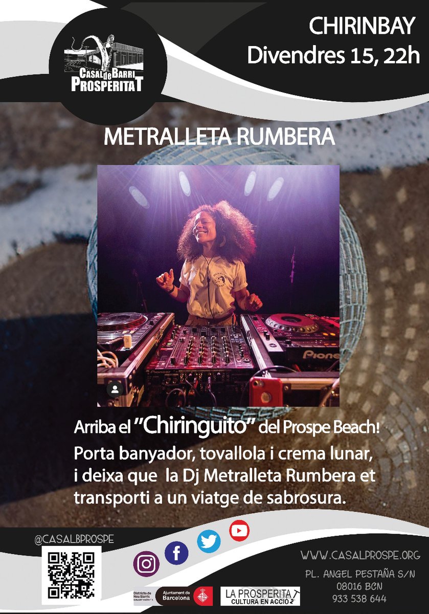 CasalBProspe's tweet photo. 📻 #DJ Metrallera Rumbera
📅 Dv. 15 de juliol (22 h)
ℹ️ Arriba al "chiringuito" de #ProspeBeach la DJ Metralleta Rumbera, qui en les seves sessions investiga, selecciona, barreja i dona visibilitat a músiques afro llatines. Alegria, ritme i gozadera entre el Carib i el Pacífic! https://t.co/wMUyx3wGHf