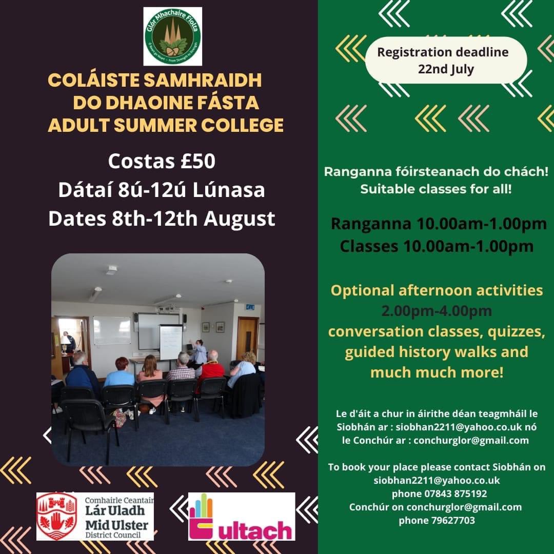 glormfiolta's tweet photo. Tá lúacháir orainn a fhógairt go bhfuil ár gcéad Choláiste Samhraidh do dhaoine fásta againn i mí Lúnasa.
We are delighted to announce our first adult Summer College in August. To register or for further info contact Siobhan or Conchúr all details on poster. https://t.co/CljWV1E5Gd