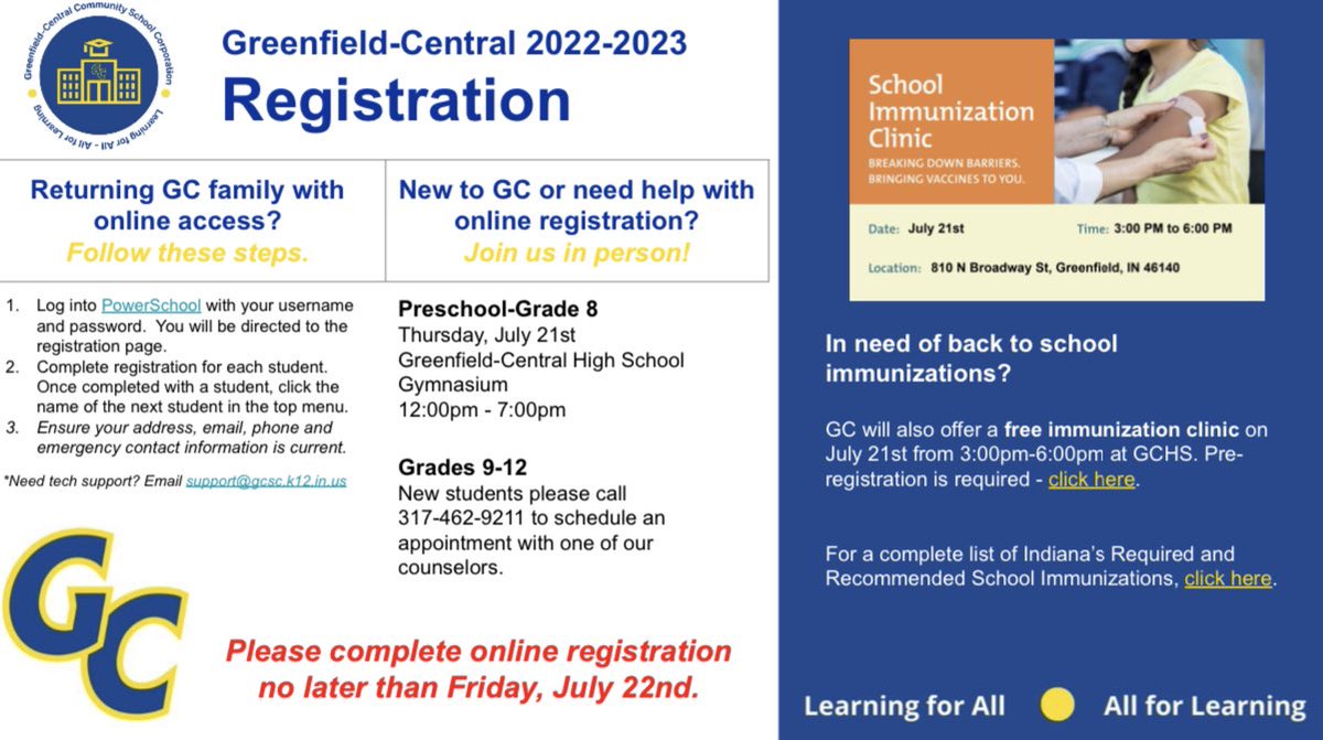 For more Registration information, please visit our website: gchs.gcsc.k12.in.us