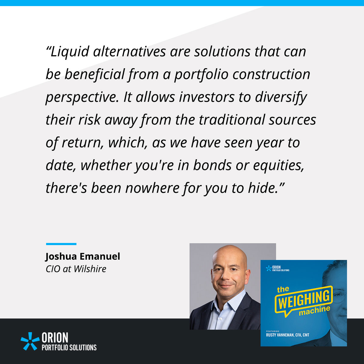 On the latest episode of The Weighing Machine, <a href="/RustyVanneman/">Rusty Vanneman, CMT, CFA</a> welcomes Joshua Emanuel, CIO at <a href="/WilshireAssoc/">Wilshire</a>, to talk:

+ What liquid alternatives are
+ The pros &amp; cons of investing in these assets
+ How investors buy and use them

... and more. Tune in: apple.co/3RqoGR1