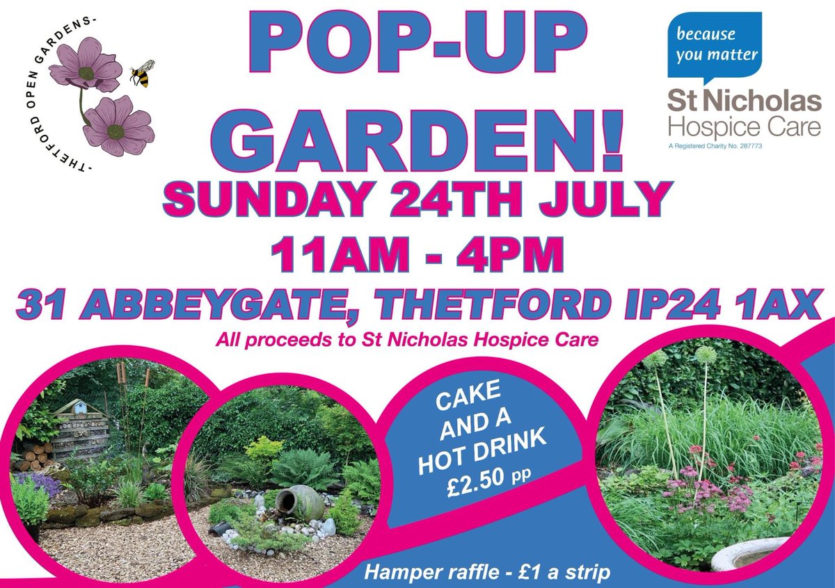 Karen@ThetfordOpen Gardens (@karenthetfordo1) on Twitter photo We have a pop up garden happening on July 24th, with homemade cake & a raffle for a hamper. Pls RT and spread the word <a href="/leapinghareorg/">Leaping Hare</a> <a href="/stnichhospice/">St Nicholas Hospice Care</a> <a href="/OneThetford/">OneThetford</a> <a href="/TandBTimes/">Thetford and Brandon Times</a> <a href="/LawsonsEA/">Lawsons Estate Agent</a> <a href="/ThetfordGC/">ThetfordGardenCentre</a> <a href="/getonupp/">Upp</a> @ThetOpenGardens <a href="/GeorgeChilv/">George Chilvers</a> <a href="/EDP24/">Eastern Daily Press</a> <a href="/MirandaDarlings/">Miranda McCoy</a> @ThetfordMayor We have a pop up garden happening on July 24th, with homemade cake & a raffle for a hamper. Pls RT and spread the word <a href="/leapinghareorg/">Leaping Hare</a> <a href="/stnichhospice/">St Nicholas Hospice Care</a> <a href="/OneThetford/">OneThetford</a> <a href="/TandBTimes/">Thetford and Brandon Times</a> <a href="/LawsonsEA/">Lawsons Estate Agent</a> <a href="/ThetfordGC/">ThetfordGardenCentre</a> <a href="/getonupp/">Upp</a> @ThetOpenGardens <a href="/GeorgeChilv/">George Chilvers</a> <a href="/EDP24/">Eastern Daily Press</a> <a href="/MirandaDarlings/">Miranda McCoy</a> @ThetfordMayor