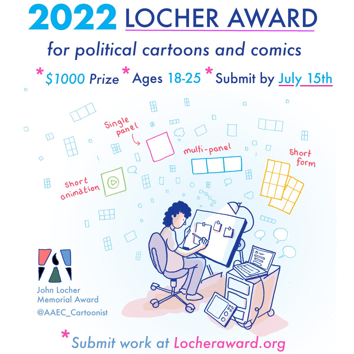 LocherAward's tweet photo. Help spread the word : Submissions to the Locher Award are due at the end of the week! The award for young cartoonists comes with a $1000 prize and a trip to @CXCFestival with the @AAEC_Cartoonist . Apply or nominate someone today! https://t.co/daU04Ya7XS