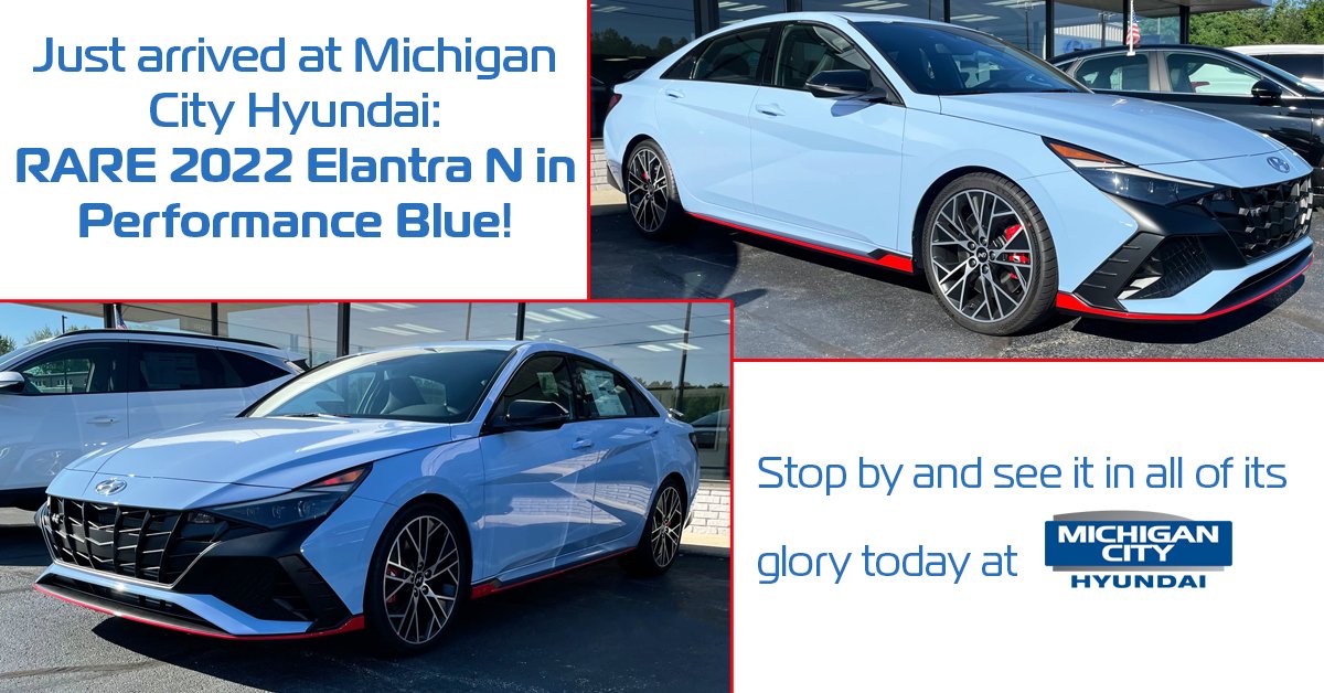 MichCityHyundai's tweet photo. Just in at #MichiganCityHyundai: this RARE 2022 Hyundai #ElantraN performance sedan in #PerformanceBlue!
This bad boy is packing a 276 hp, 289 lb.-ft 2.0L Turbo engine and a slew of performance upgrades. Stop by to discover why @CARandDRIVER gave it a near-perfect score of 9/10. https://t.co/VLHNL6fbzD