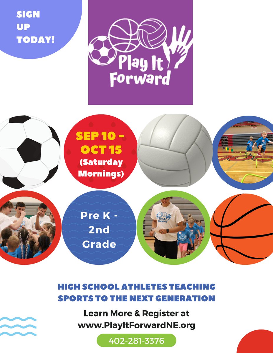 Fall Registration Is Now Open! Regular Registration: $100 Early Registration Discount thru July 31st: $80 Sessions include fun games introducing our young athletes to 🏀🏐⚽️ and our Obstacle Course station! To learn more and Sign Up visit: playitforwardne.org