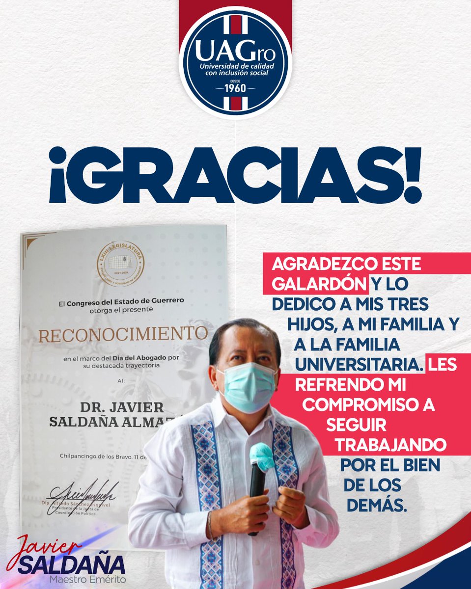 JavSaldana's tweet photo. Agradezco al @congresogro por haberme distinguido con un galardón por mi trayectoria profesional, vocación de servicio y abogado. Hago extensivo el reconocimiento a todos los universitarios que han contribuido para que éste trabajo que realizamos en la #UAGro se siga consolidando https://t.co/hDkXC0RcWq