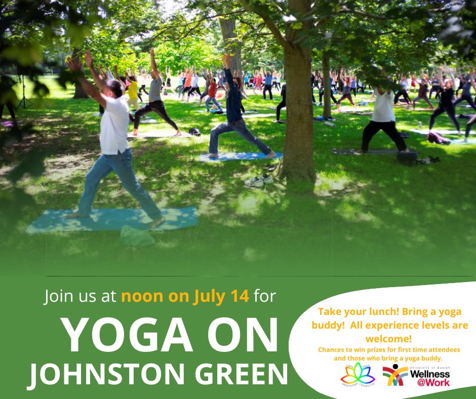 YogaUofg's tweet photo. Thursday, July 14th, 2022 (12pm to 1pm)
Please join us to enjoy a classical yoga class on U of G's beautiful Johnston Green!
Three $10 hospitality gift cards will be awarded by random draw. 
This event is open to all! No experience required. 
Don't forget to bring your yoga mat! https://t.co/5GLJVsToEM