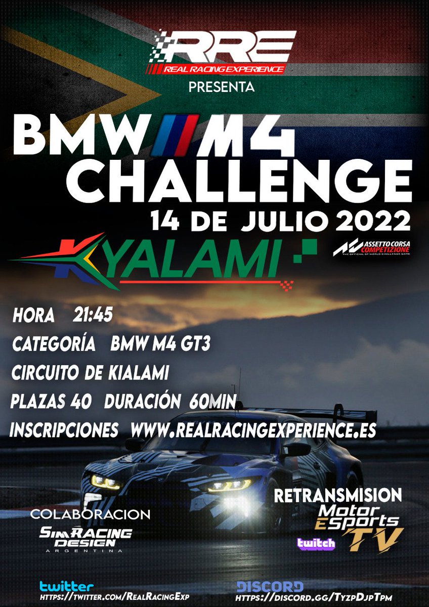RealRacingExp's tweet image. ¿Jueves 14 y no tienes carrera?

🏆¡Corre con nosotros la #BMW M4 #Challenge!

Inscripción libre y como siempre, podremos verla en @MotorEsportsTV 

📆14/07
⏰️21:45
📍Kyalami

⬇️Inscripciones: realracingexperience.duckdns.org:9128/championship/6…

Cartel: @SimracingDisArg