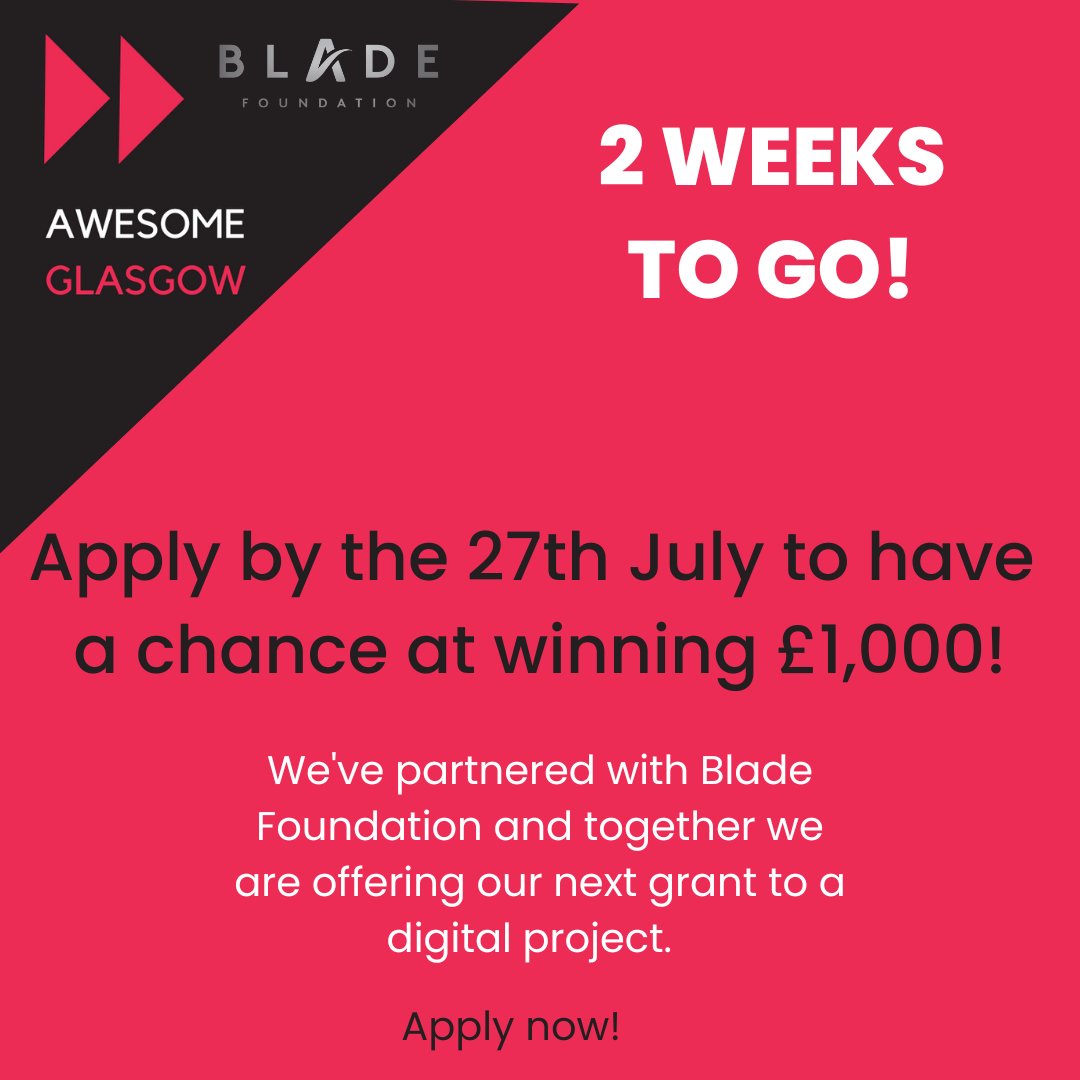 Our next round of funding closes on 27th July, and for this one we are partnering with Blade Foundation and together we are offering one £1,000 grant to a digital project. 
✨ Follow the link below to find out more✨ 

bit.ly/3nDdXWp