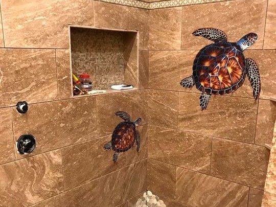 It's #MosaicMonday! 🤩 Why does all the fun need to end at the pool? Did you know that pool mosaics can also be used in your home as well? Check out this amazing and creative shower install using the Brown Turtle porcelain pool mosaic. 😍 

Shop today!
 bit.ly/2ZLTQMV