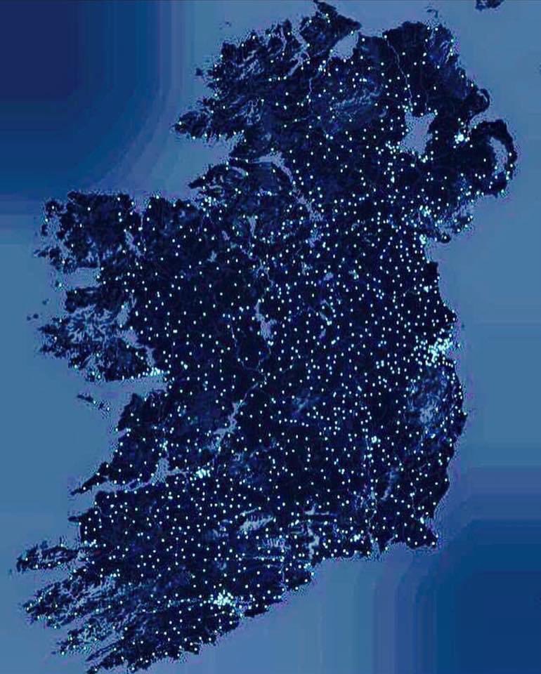BarryMcColgan's tweet image. Here is Ireland. The lights that you see are not bonfires. Each and every light is a GAA pitch. Now that’s what I call culture.