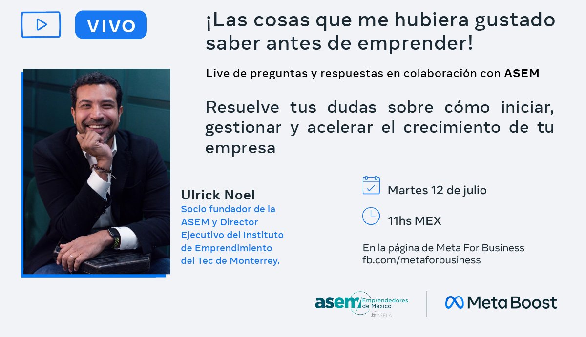 📌En ASEM, en colaboración con Meta, te invitamos a nuestro live de preguntas y respuestas para resolver todas tus incógnitas sobre la gestión y el crecimiento de tu empresa. Con @Ulrick Noel. 

📆Martes 12 de julio, 11:00 am
Síguelo en: fb.com/MetaforBusines…