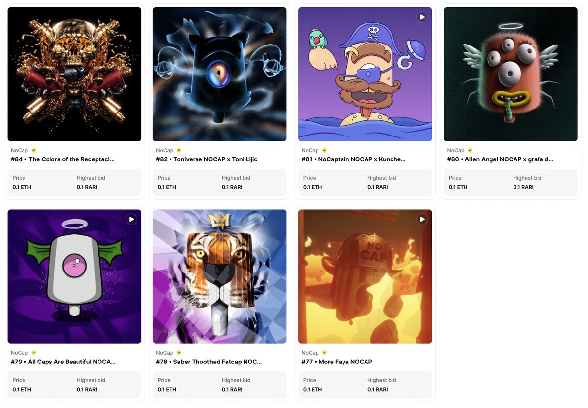 NoCap vol.7 OUT NOW. One NoCap is already sold out 👀 7 are still available 🔥 fixed price 0.1 ETH 😉 
rarible.com/n0cap/items?fi…