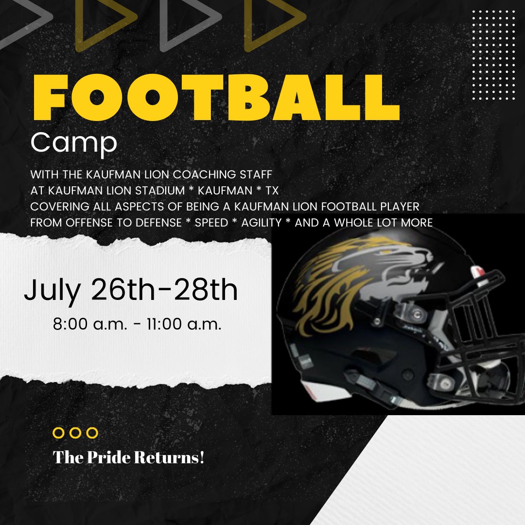 KaufmanISD's tweet photo. Note the date change.  The football camp will begin on the 26th - not the 25th. https://t.co/9fIb7C6r4G