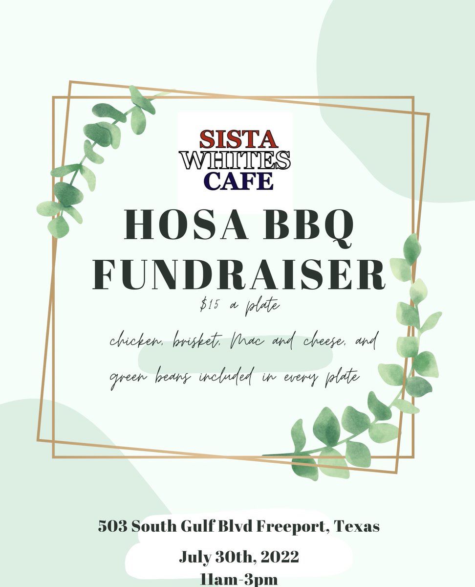 BWOOD_HOSA's tweet photo. Eat some delicious BBQ and help our HOSA officers go to Washington DC for their leadership conference. You can contact Ms. Pena at krystal.pena@brazosportisd.net to purchase tickets. #bisdstrong #brazoswoodhighschool #futurehealthcareprofessionals #sistawhites https://t.co/susIfPDkjv