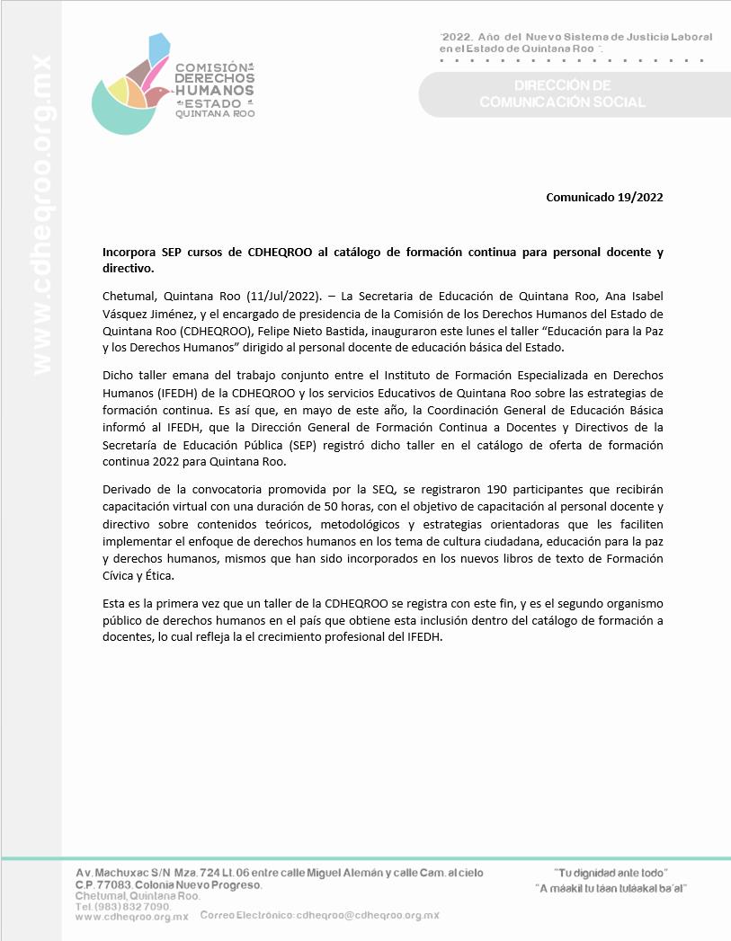 cdhqroo's tweet photo. COMUNICADO: Incorpora SEP cursos de CDHEQROO al catálogo de formación continua para personal docente y directivo. https://t.co/9KNbkNkwDb