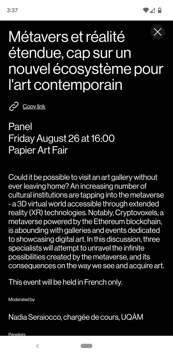 Sam__AB's tweet image. I&apos;ll be speaking about XR &amp;amp; metaverse art next month with @cheznadia, @Mathysc &amp;amp; @Bur0x_art

Le mois prochain, on discute de l&apos;art XR et du métaverse

🔥🤌🗣️🖼️🛸
#Papier2022 @AGAC_Canada