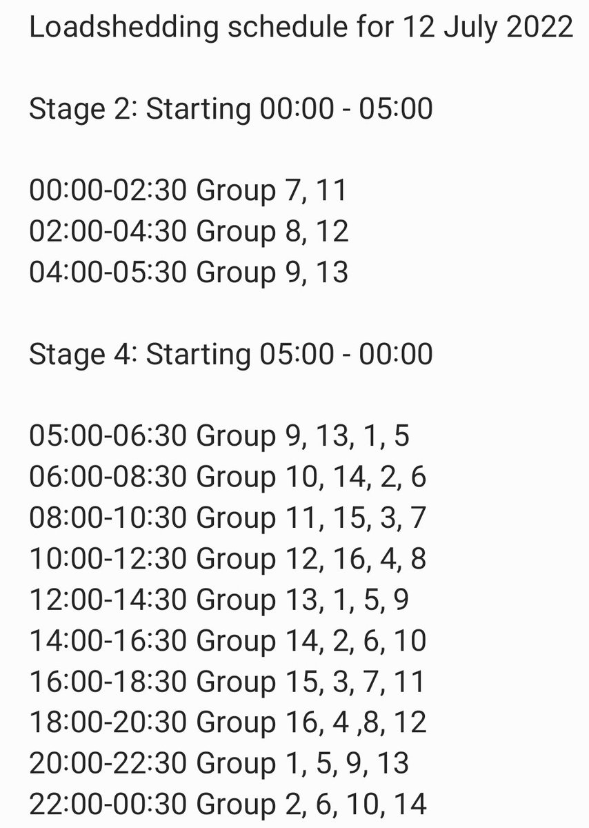 CityTshwane's tweet photo. #Loadshedding schedule for 12 July 2022. https://t.co/Mopfa3YdA3