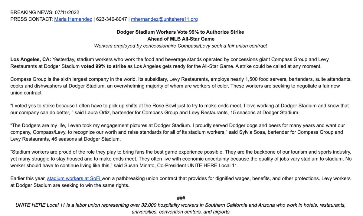 unitehere11's tweet photo. Breaking: Dodger Stadium Workers Vote 99% to Authorize Strike Ahead of MLB All-Star Game https://t.co/nQ70evlQj4