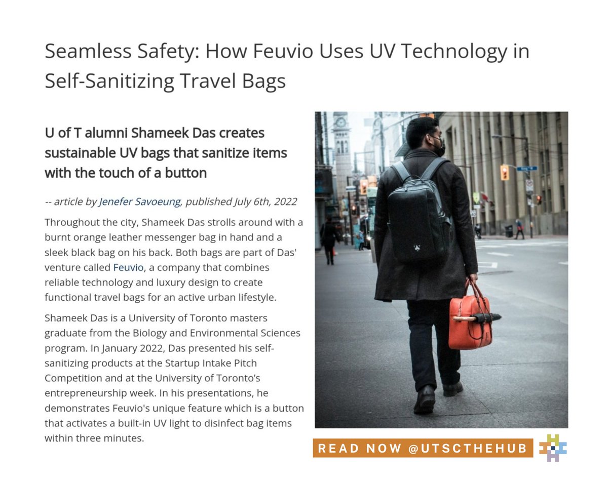UTSCTheHub's tweet image. We are proud to help launch Feuvio (@feuvio), founded by Shameek Das, passionate U of T Master's graduate in Environmental Science. They are creating an effective, safe, and stylish product for active urban lifestyles. Read their full story here: utsc.utoronto.ca/thehub/seamles…