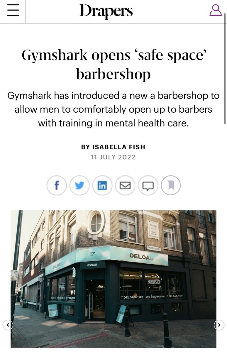 NoelMack's tweet image. Men struggle with mental health but don’t like to talk about it. Research shows men also feel more comfortable opening up to their barber than to a mental health professional. So we’ve opened a barbershop with mental health trained barbers. @Gymshark #deload