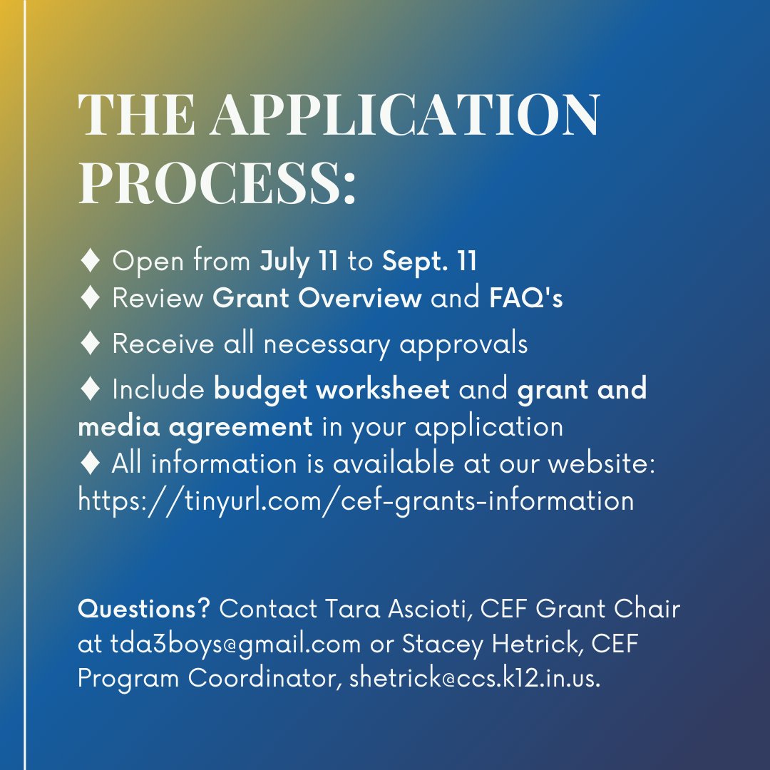 Are you a Carmel Clay Schools teacher with a great idea you would like funding for?  CEF Fall Grants open TODAY - check out ccs.k12.in.us/foundation/gra… for all the info.  We know it is still summer, so you have until September 11 to apply!