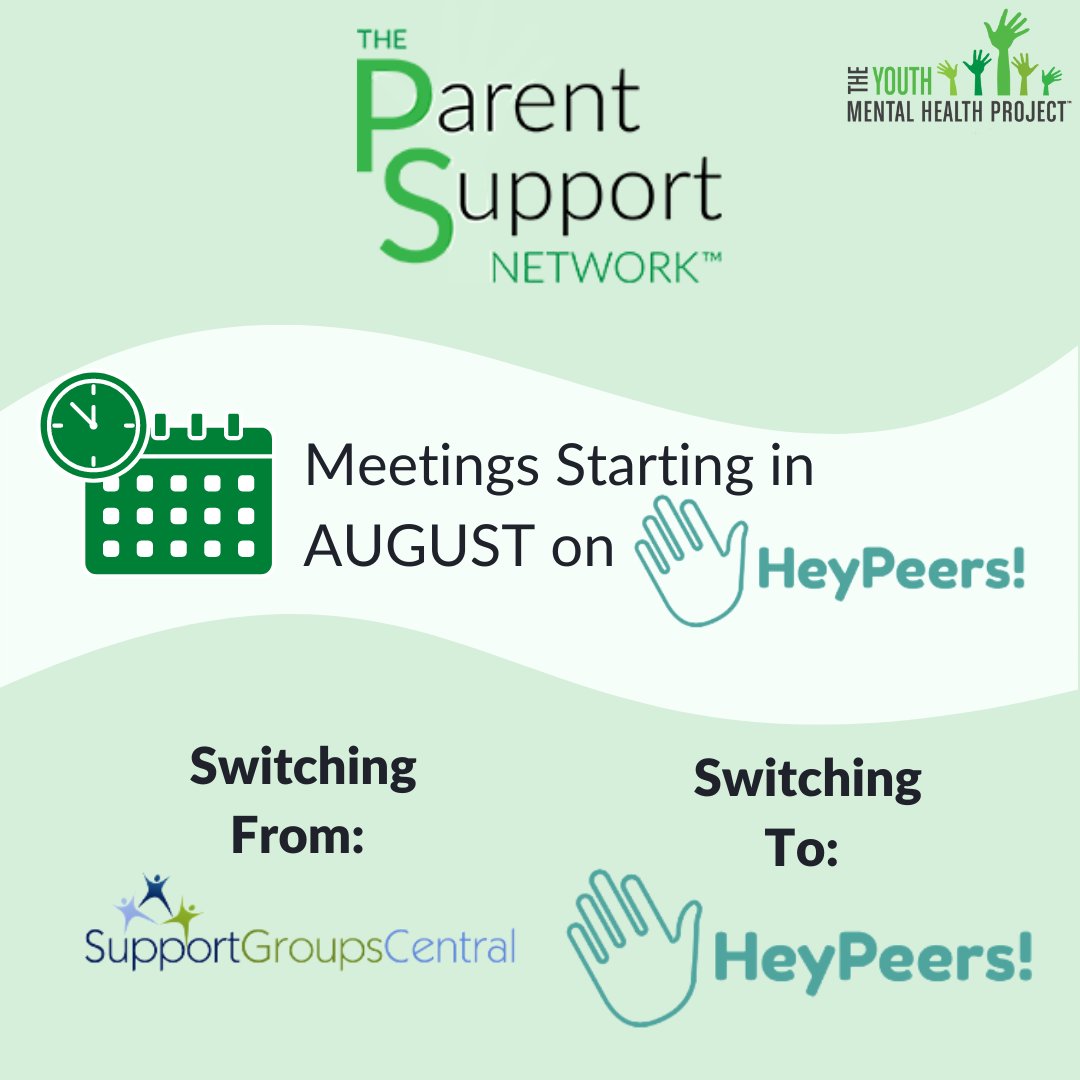 YMHProject's tweet photo. Starting August 1st, all meetings with The Parent Support Network will be with Hey Peers! Create an account from the link below to make registration next month quick and easy!

https://t.co/Z9ZRf3mbBi https://t.co/gFdXye2Yqk