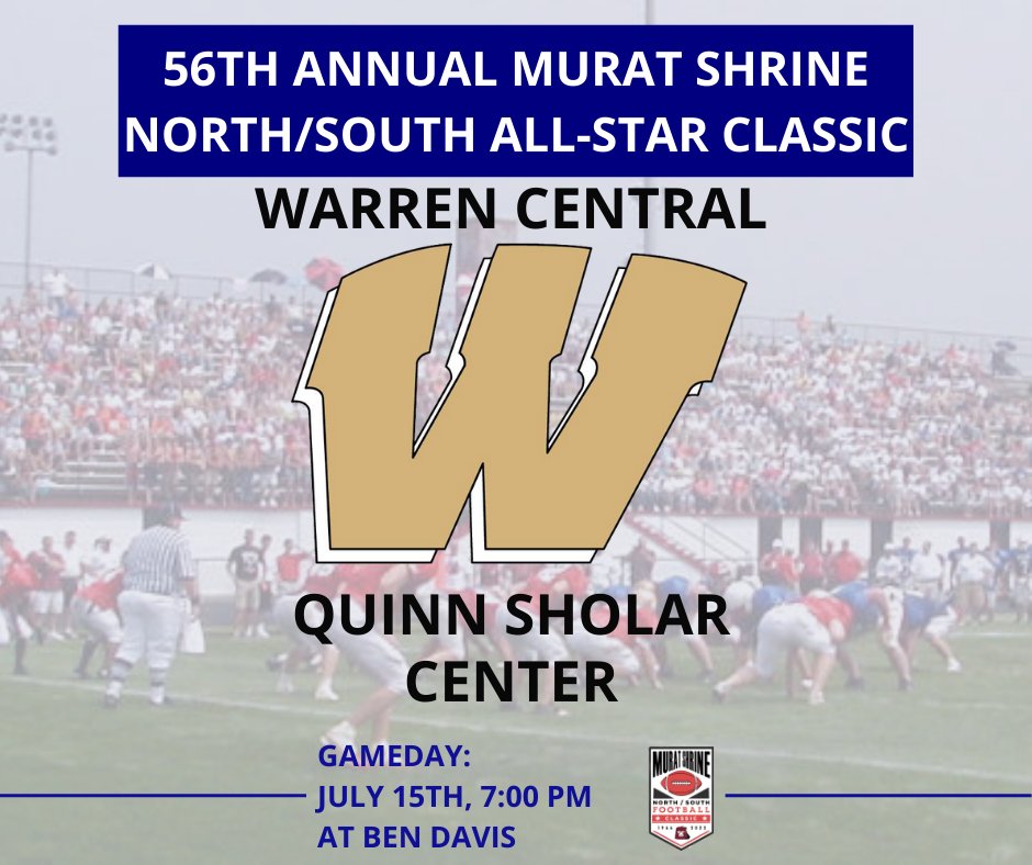 Quinn Sholar will represent Warren Central High School in the Murat Shrine North South All Star Classic

<a href="/QuinnSholar/">Quinn Sholar</a> <a href="/WabashFB/">Wabash College Football</a> <a href="/WARRENCENTRALFB/">WC Football🏈</a>