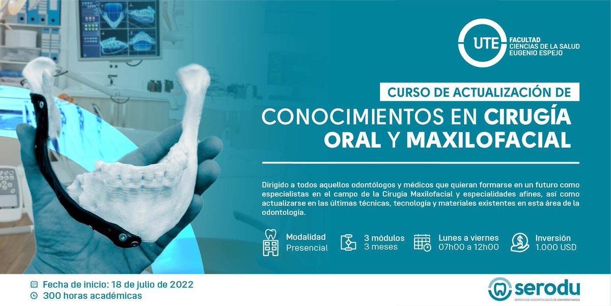 UTEoficial's tweet photo. #Curso | ¡Actualiza tus conocimientos en Cirugía Oral y Maxilofacial con la UTE! 💚🤍💙
📆Iniciamos el 18 de julio de 2022.
¡Inscríbete aquí!➡ https://t.co/A6YyjO4sst
#UTE #Serodu #Odontología #MejorasTúMejoraTodo https://t.co/DtTLjHubGi