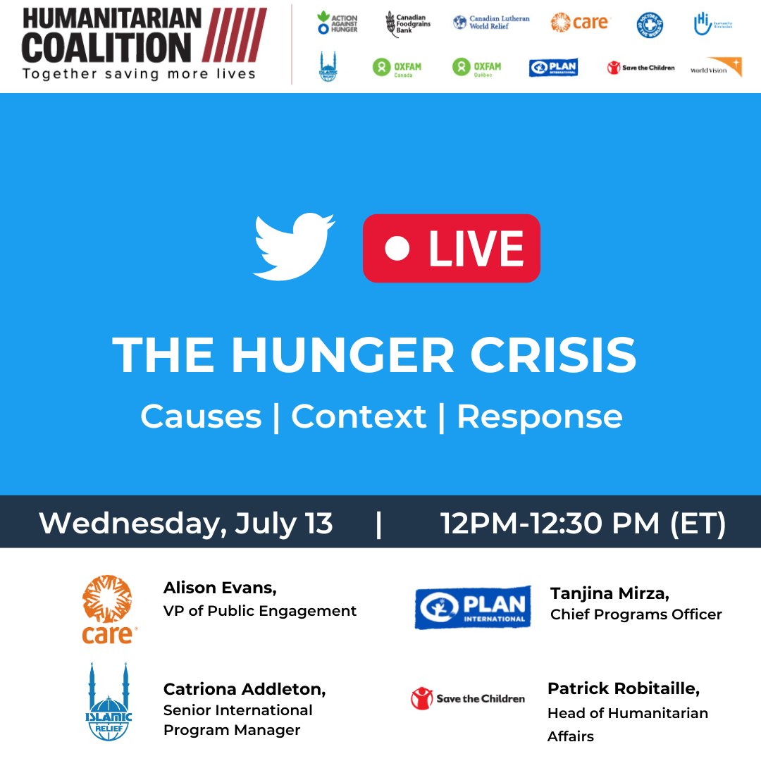 📢 SAVE THE DATE! We are hosting a Twitter Space 📻 with four #experts from our member agencies to discuss the causes, context and response to the #HungerCrisis.  
📅 Wednesday, July 13
🕛 from 12 to 12:30 PM
🔔 Set your reminder: x.com/i/spaces/1djxX…