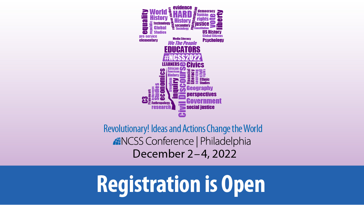 NCSSNetwork's tweet photo. We're baaaack! Reunite with us and your #socialstudies colleagues for #NCSS2022 on Dec. 2-4, 2022. Network with colleagues new and old at social events, sessions, and historical tours and clinics all throughout Philadelphia, PA. Register today: https://t.co/v3a6bsajZ0 https://t.co/zJjfdWrVUQ