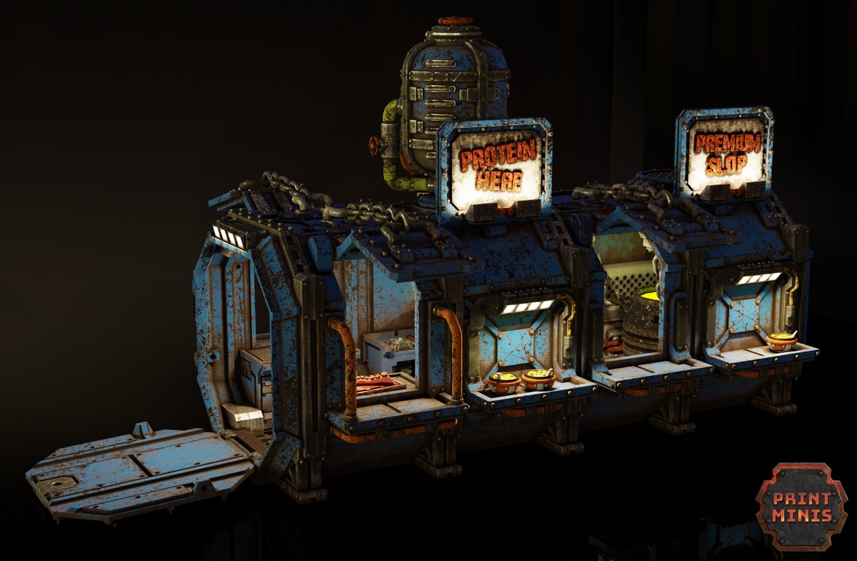 PrintMinis's tweet photo. Shipping Container Food Truck kit released on our Patreon today! This 25 part kit includes working chains to suspend the giant Slop Pot, a full kitchen, and serving hatches!
https://t.co/9y71uNvsy0
#necromunda #tabletopterrain #gamesworkshop #warhammer40k #warmongers #3Dprinting https://t.co/iXMllJLdX4