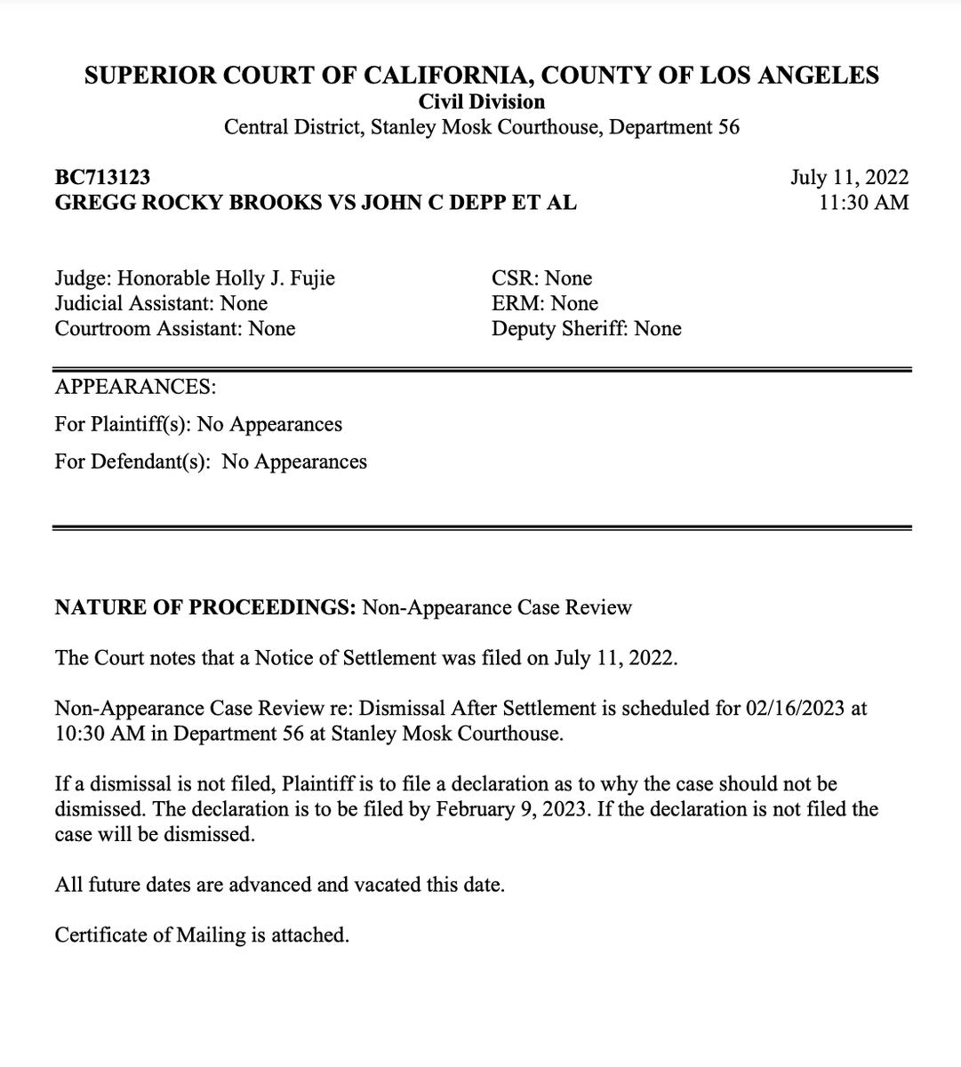 BREAKING NEWS
Update:  Greg Rocky Brooks vs Johnny Depp
There is a settlement as of today.  No details released