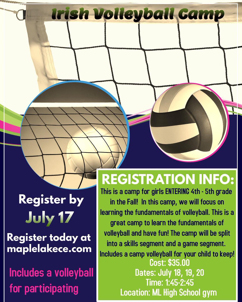 Maple Lake Schools (@maplelakeisd881) on Twitter photo 🏐Calling all 4th, 5th, 6th & 7th grade Irish volleyball players! Register for July camps NOW.
🏐To register for a Community Ed Class click here: maplelakece.com
<a href="/vb_ml/">Maple Lake Irish VB</a> 🏐Calling all 4th, 5th, 6th & 7th grade Irish volleyball players! Register for July camps NOW.
🏐To register for a Community Ed Class click here: maplelakece.com
<a href="/vb_ml/">Maple Lake Irish VB</a>