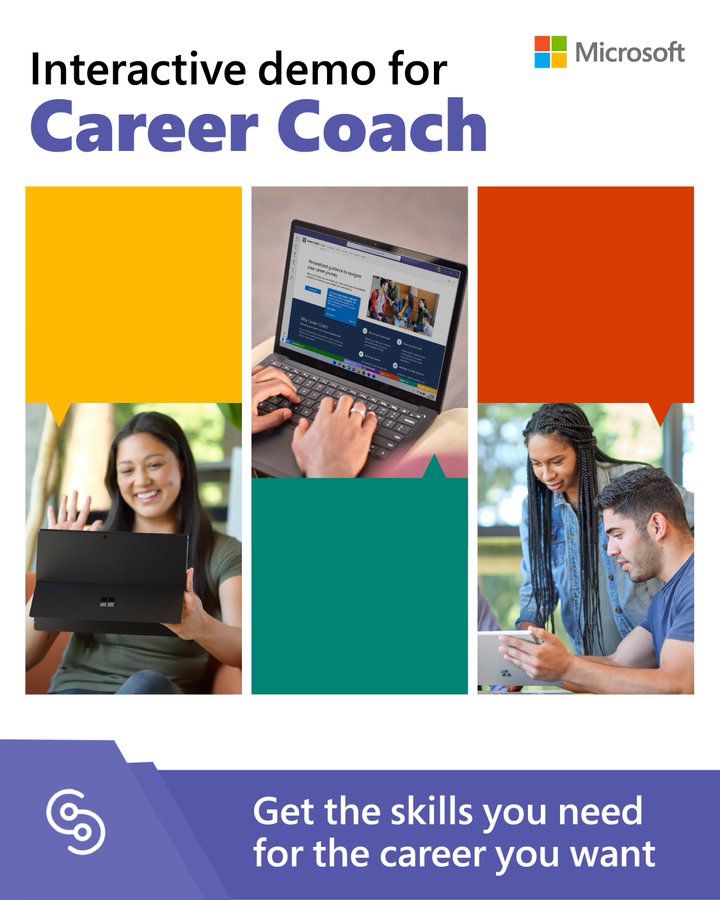 mtholfsen's tweet photo. Career Coach helps #HigherEd students prepare for the future by helping them:
 
🔎 Explore career paths
🌱 Grow real-world skills
🤝 Build a professional network
 
Start this interactive demo to learn more: 
👉https://t.co/72Z72KFXHb

#MicrosoftEDU #MIEExpert #edtech https://t.co/F8MeHXGg40