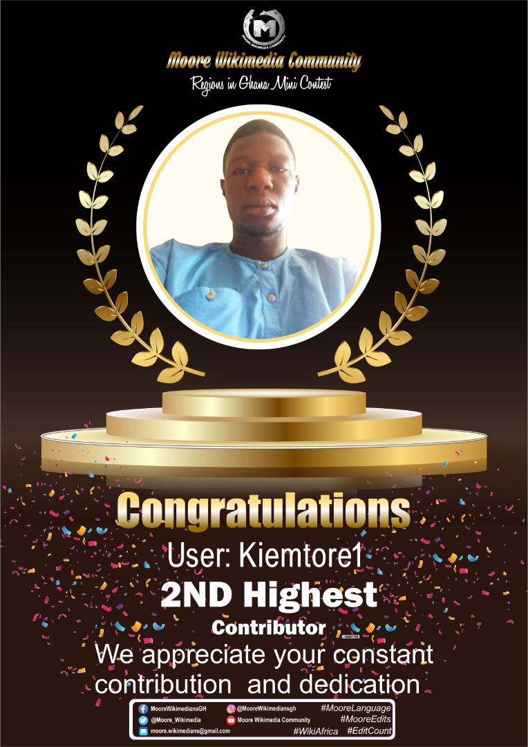 Moore_Wikimedia's tweet photo. Congratulations to our Second highest contributor, in the just ended Regions in Ghana Article creation contest. @dagbaniwiki @dagbaniwiki @Hasslaebetch #moorelanguage #MooreEdits https://t.co/mk5YBIQOw5