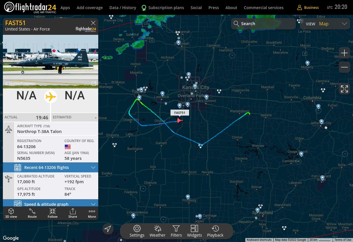 Radar_Assistant's tweet photo. MULTI FR24 VERTICAL MANOEUVRING ALERT : At time Mon Jul 11 21:12:41 2022 #FAST51 was manoeuvering vertically (altchange=4000ft, altdeltas=25400ft), 15nm from FOE Forbes_TACAN_US
near 7110, West 181st Street, Osage County, Kansas, 664 #AvGeek #ADSB https://t.co/FoUEN8PRDB https://t.co/iTy2ecCZow