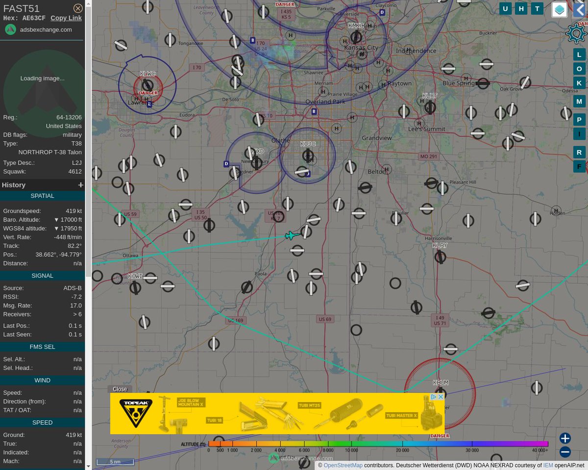 Radar_Assistant's tweet photo. MULTI ADSBX VERTICAL MANOEUVRING ALERT : At time Mon Jul 11 21:11:22 2022 #FAST51 was manoeuvering vertically (altchange=7200ft, altdeltas=22000ft), 9nm from FOE Forbes_TACAN_US
near 11436, South Auburn Road, Osage County, Kansas, 66 #AvGeek #ADSB https://t.co/ZyDIEEzknY https://t.co/iBDKyVPJLR