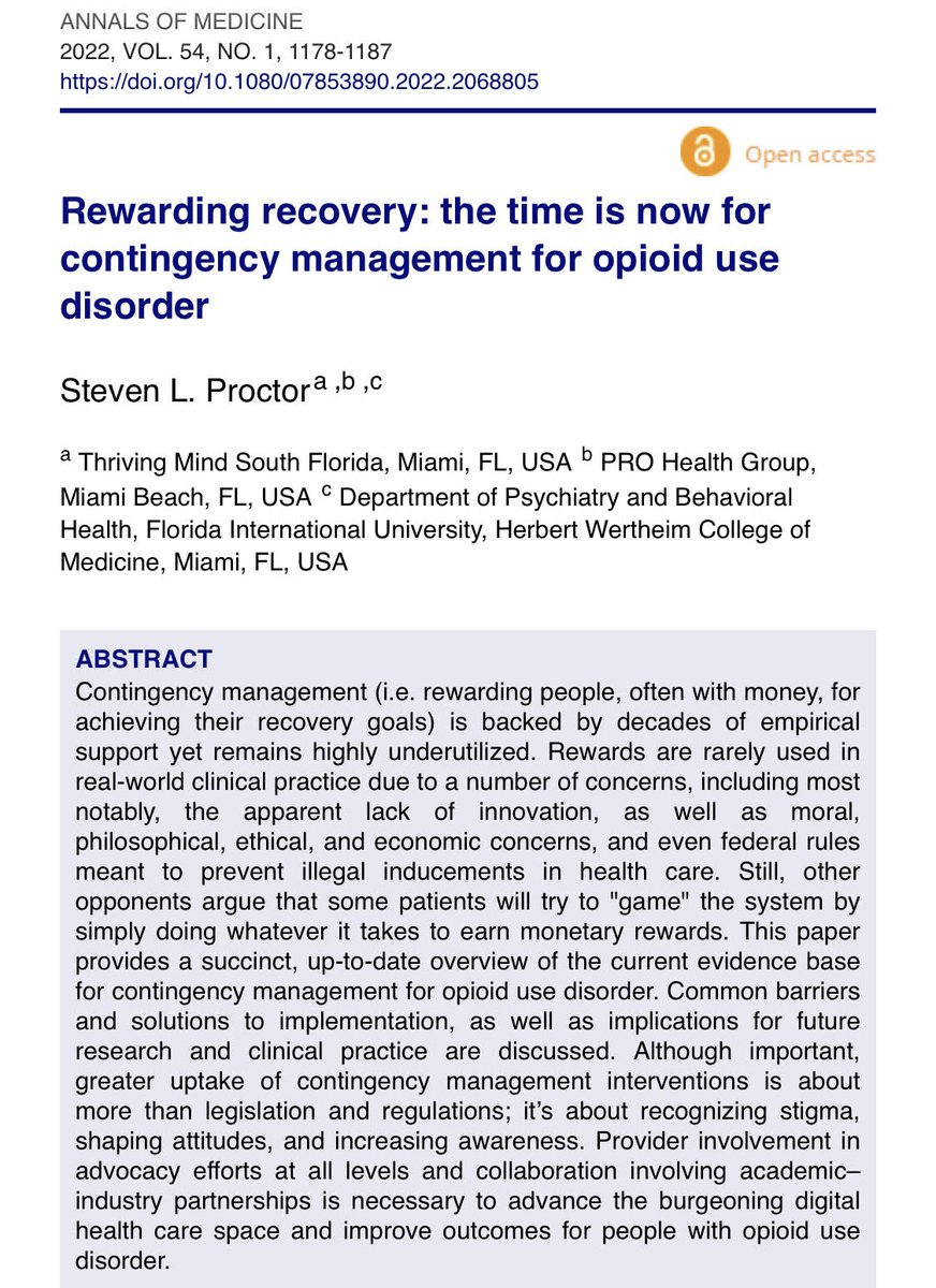 DrStevenProctor's tweet photo. Rewarding ppl—often w/money—for achieving their #recovery goals is not a new concept. Hundreds of studies support contingency management, but it's rarely used. Barriers/solutions are discussed in new Annals of Medicine article. @krigg01

🔓Read full-text: https://t.co/7pMQte95qN https://t.co/jE2CfUj8T2