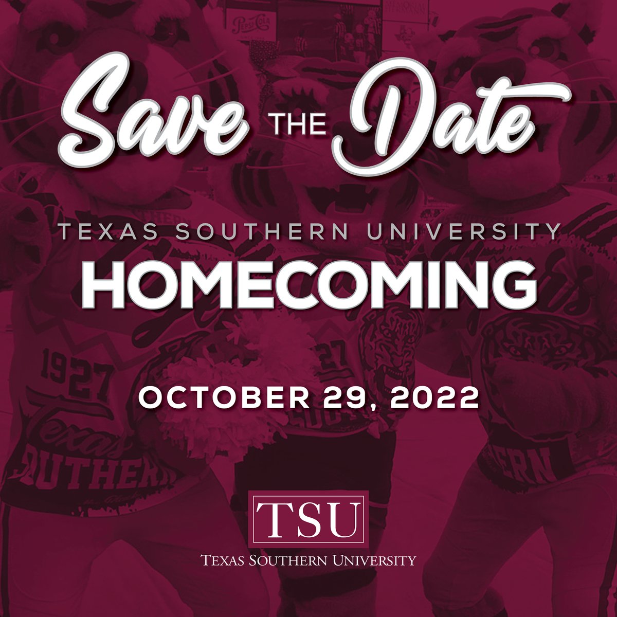 TexasSouthern's tweet photo. Tiger Nation, get ready! Homecoming '22 is October 29! Save the date! #TSUProud #TexasSouthern #TSU #Houston #TSUHomecoming https://t.co/wi7g5MFmnB
