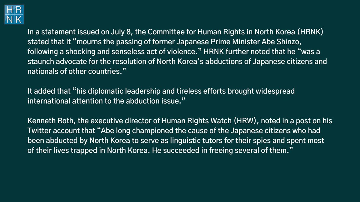 committeehrnk's tweet photo. Death of Former PM Abe Could Refocus Attention on #AbductionIssue @RadioFreeAsia
Translated by @raymondmha, #HRNK Director of Operations and Research
Original Korean article: https://t.co/rEojZ8ykvm
#NorthKorea #AbeShinzo #HRNK #KimJongUn #HumanRights https://t.co/QLR1U0uvH9