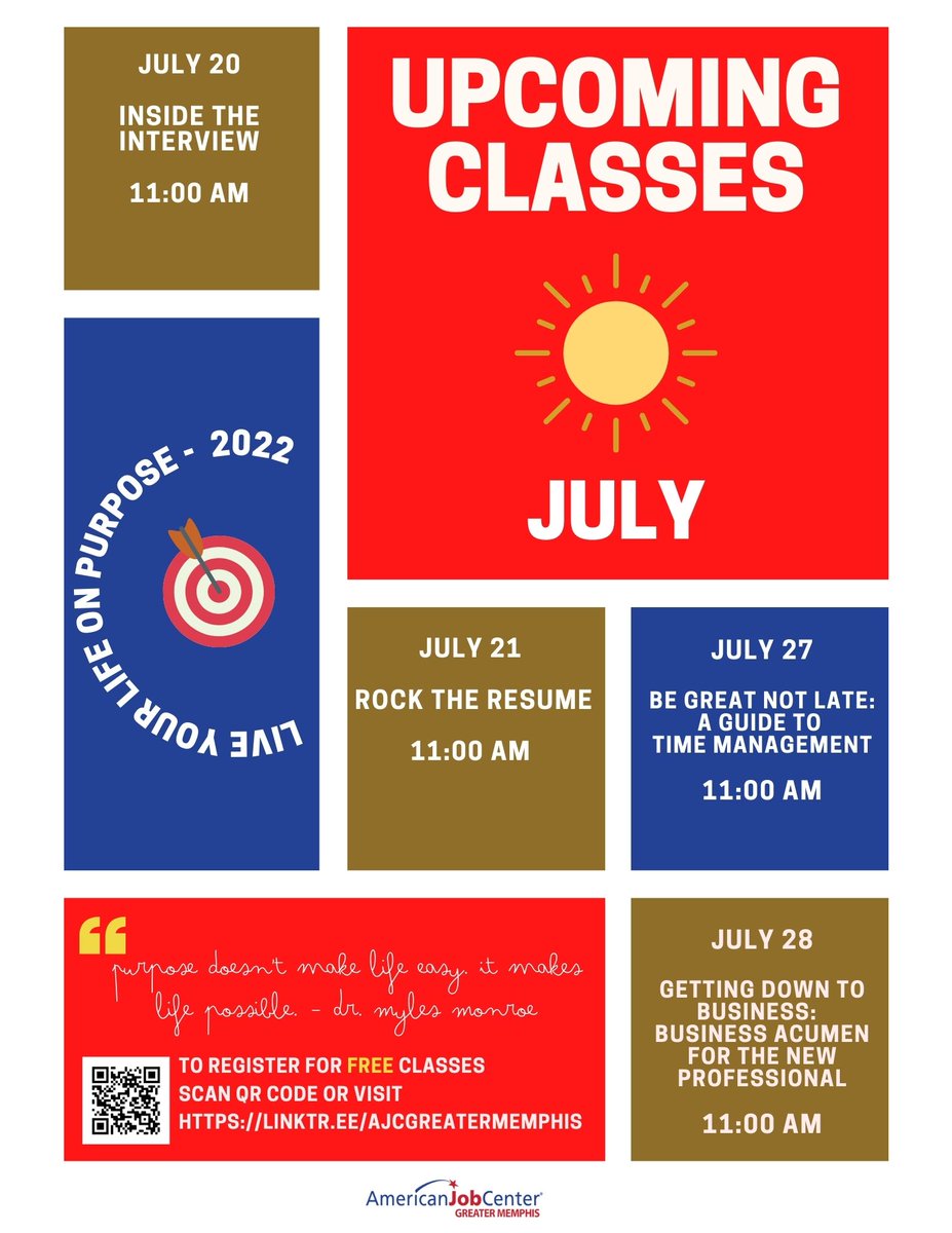 AJC_GMemphis's tweet photo. WANT TO GET THAT JOB? WE'LL SHOW YOU HOW. ALL WORKSHOPS ARE ONLINE. #ajcgreatermemphis #bridgingthegapthroughaccess #greatermemphis @MemphisChamber @CityMillington @OaklandChamber @fayettetnchmber @lauderdalecount https://t.co/f3HmneOvtW